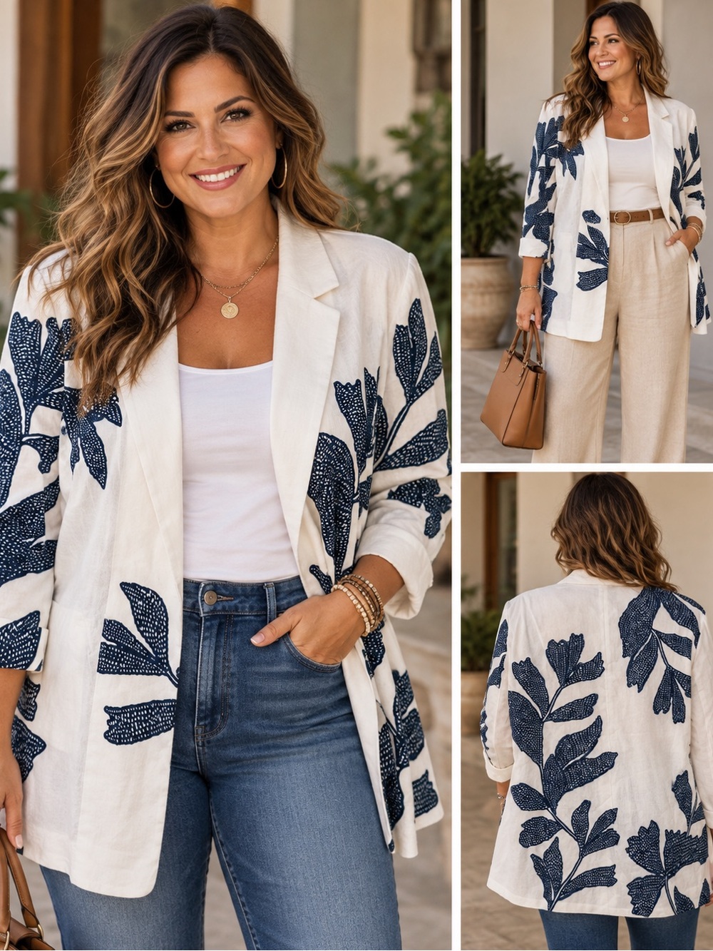 Chico's White Blazer Coverup with Navy Leaf Print